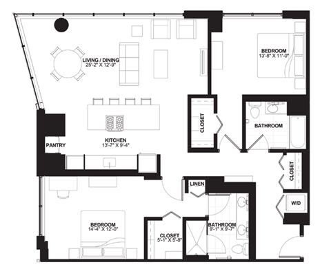 Floor plan for 2 beds, 2 baths, 1420 sqft